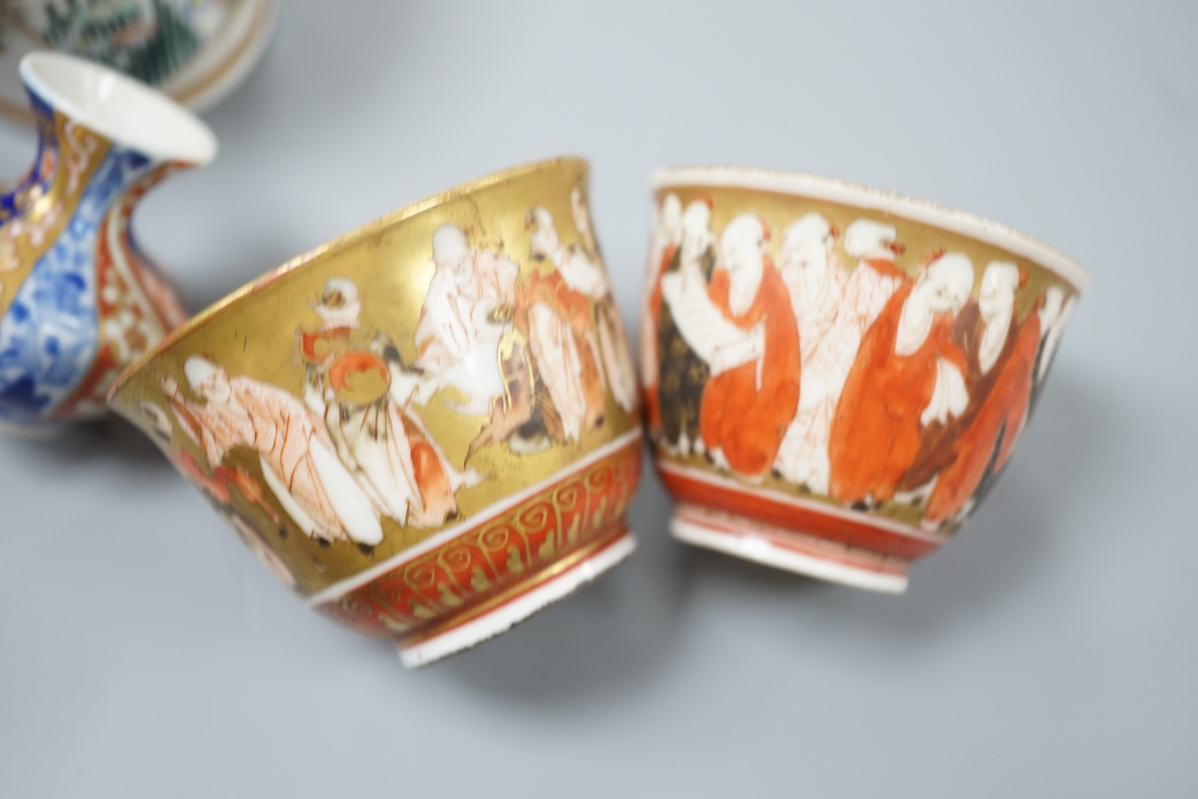 A group of Japanese small or miniature Kutani and Imari vessels and three Satsuma pottery mounted brooches, largest 11.7cm
